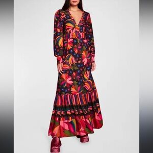 FARM Rio Pink and Black Bishop Sleeve Wrap Dress NWOT